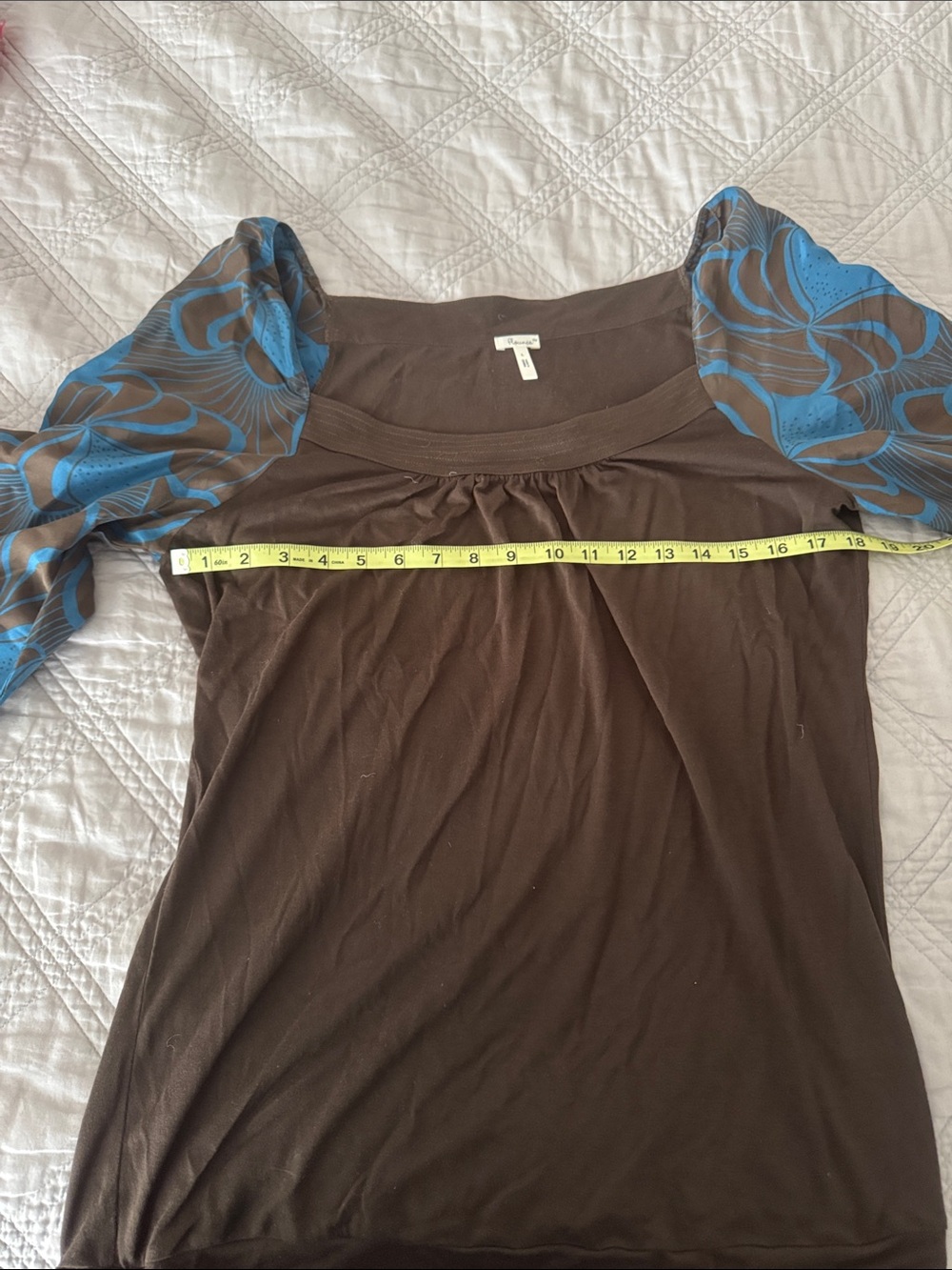 Women's Brown Scoop Neck Long Sleeve Top with Blue Patterned Sleeves